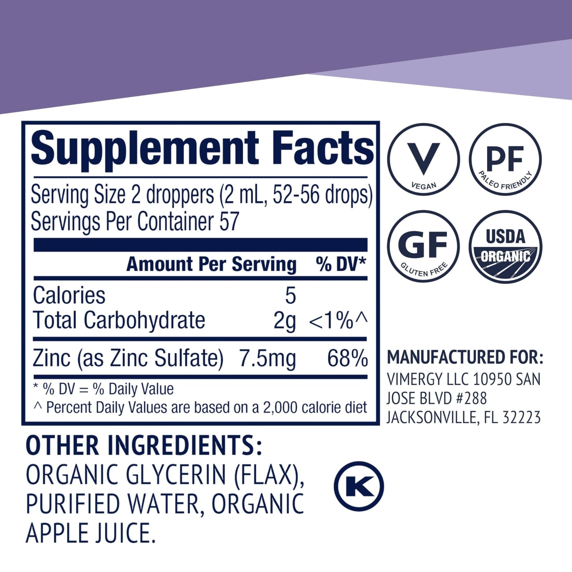 VIMERGY USDA Organic Zinc Supplements for Women & Men (7.5mg Liquid Zinc Per Serving) Fast-Absorbing Immune Support - Maple Wellness Supplements
