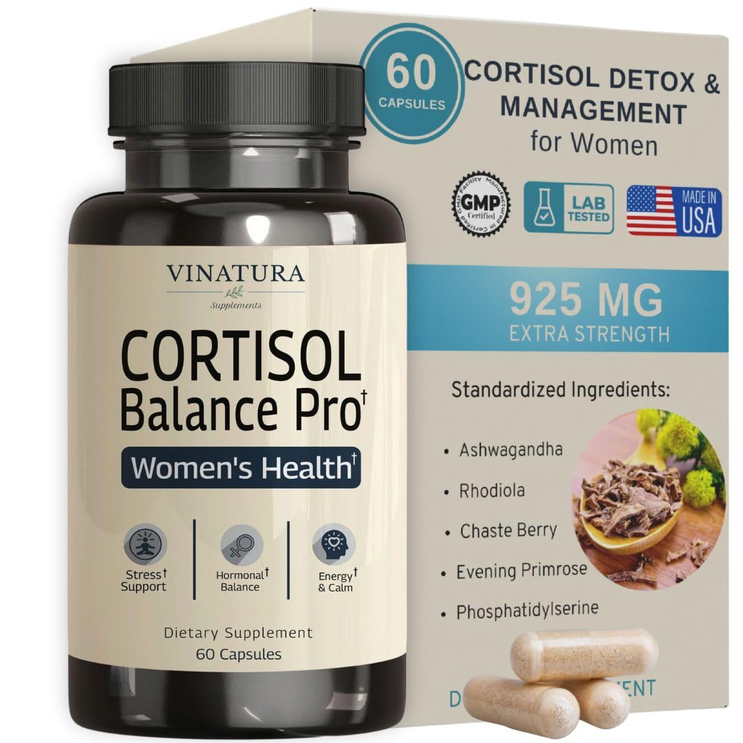 VINATURA Cortisol Supplements for Women - Cortisol Detox and Management - Adrenal Support, Stress Support, 60 Vegan Capsules - Maple Wellness Supplements