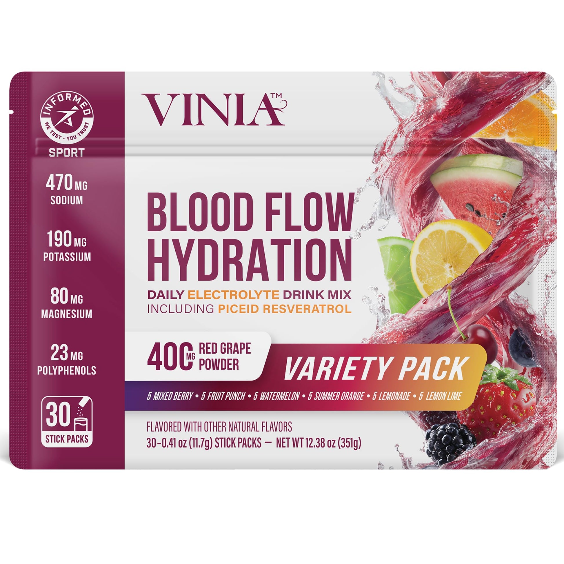 VINIA Resveratrol Electrolyte Hydration Powder Mix | Boost Blood Flow & Circulation | Sea Salt, Coconut Water Potassium - Maple Wellness Supplements