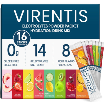 VIRENTIS 16 Sticks Electrolytes Powder Packets Sugar Free Hydration Packets, 8 Flavors Liquid Daily IV Electrolyte Drink Mix for Rehydration - Maple Wellness Supplements