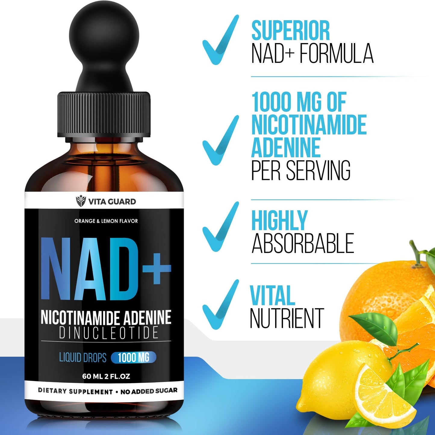 Vita Guard Pure NAD+ Supplements 1000mg Liquid Drops for Women & Man | Nicotinamide Adenine Similar to Nicotinamide Riboside NAD Plus Boosting Supplement - Natural Lemon & Orange Flavor - Maple Wellness Supplements