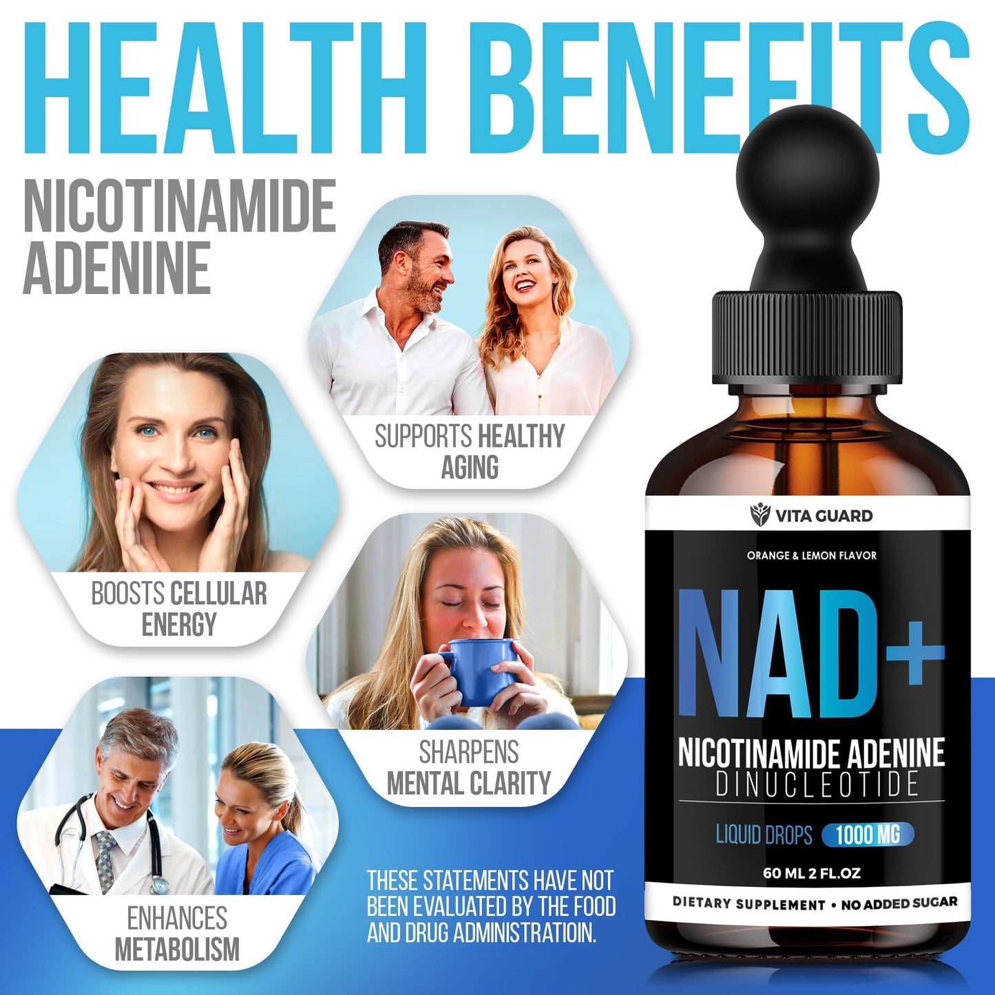 Vita Guard Pure NAD+ Supplements 1000mg Liquid Drops for Women & Man | Nicotinamide Adenine Similar to Nicotinamide Riboside NAD Plus Boosting Supplement - Natural Lemon & Orange Flavor - Maple Wellness Supplements