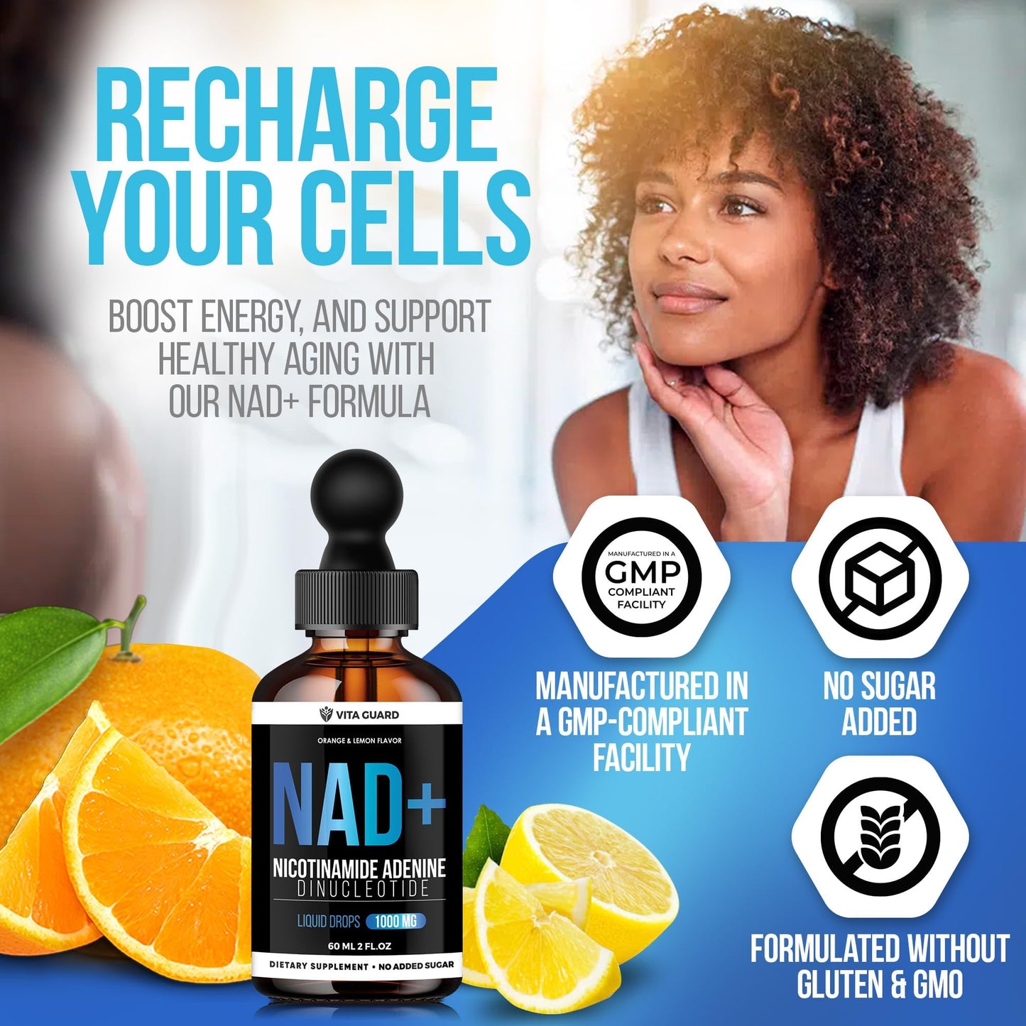 Vita Guard Pure NAD+ Supplements 1000mg Liquid Drops for Women & Man | Nicotinamide Adenine Similar to Nicotinamide Riboside NAD Plus Boosting Supplement - Natural Lemon & Orange Flavor - Maple Wellness Supplements