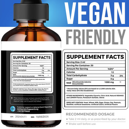 Vita Guard Pure NAD+ Supplements 1000mg Liquid Drops for Women & Man | Nicotinamide Adenine Similar to Nicotinamide Riboside NAD Plus Boosting Supplement - Natural Lemon & Orange Flavor - Maple Wellness Supplements
