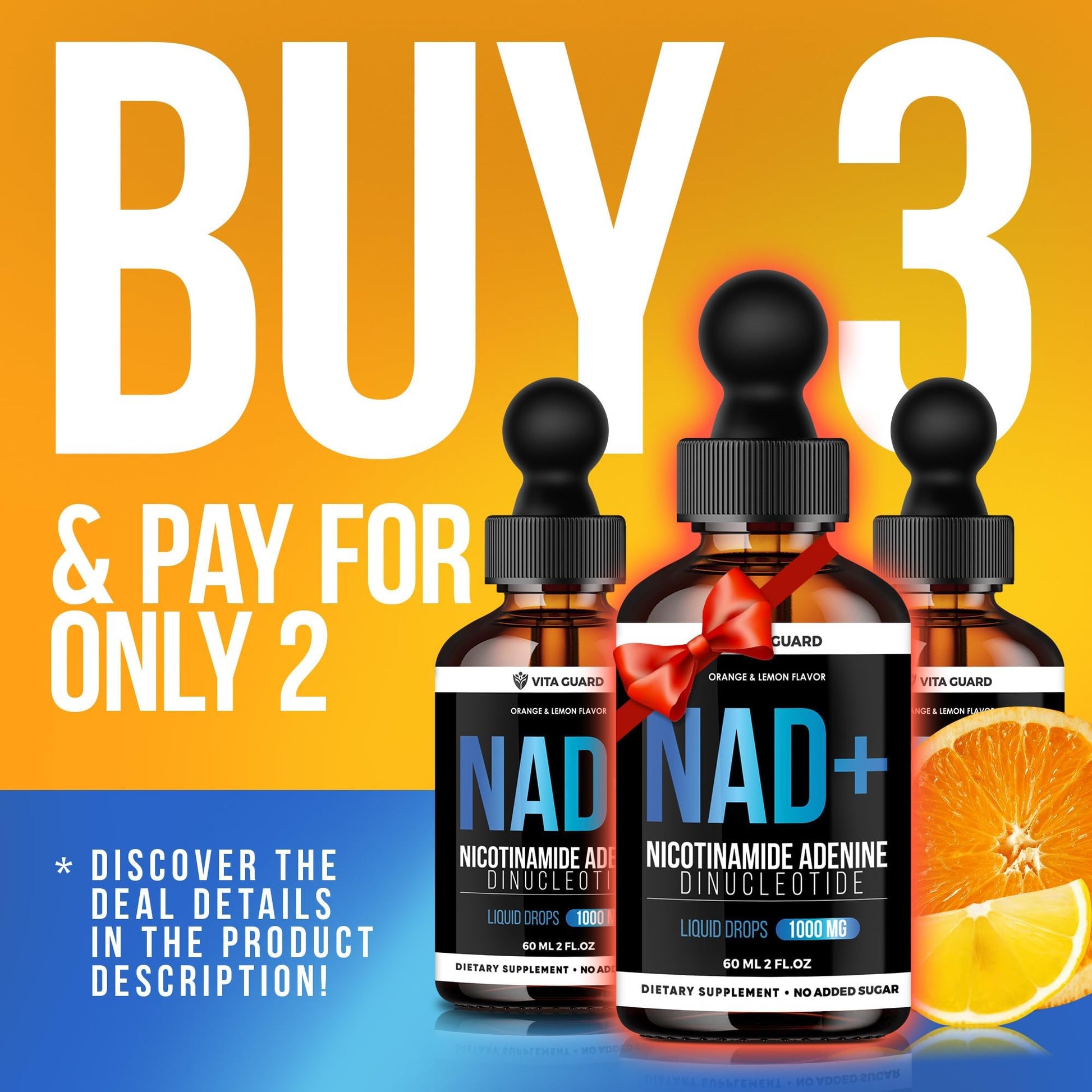 Vita Guard Pure NAD+ Supplements 1000mg Liquid Drops for Women & Man | Nicotinamide Adenine Similar to Nicotinamide Riboside NAD Plus Boosting Supplement - Natural Lemon & Orange Flavor - Maple Wellness Supplements