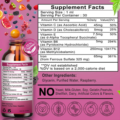 Vita letuo Iron Supplement for Women with Vitamin C,6-in-1 Liquid Supplement w/Vitamin B12,Vitamin B6,High Absorption Liquid Iron Drops for Red Blood Cells - Maple Wellness Supplements