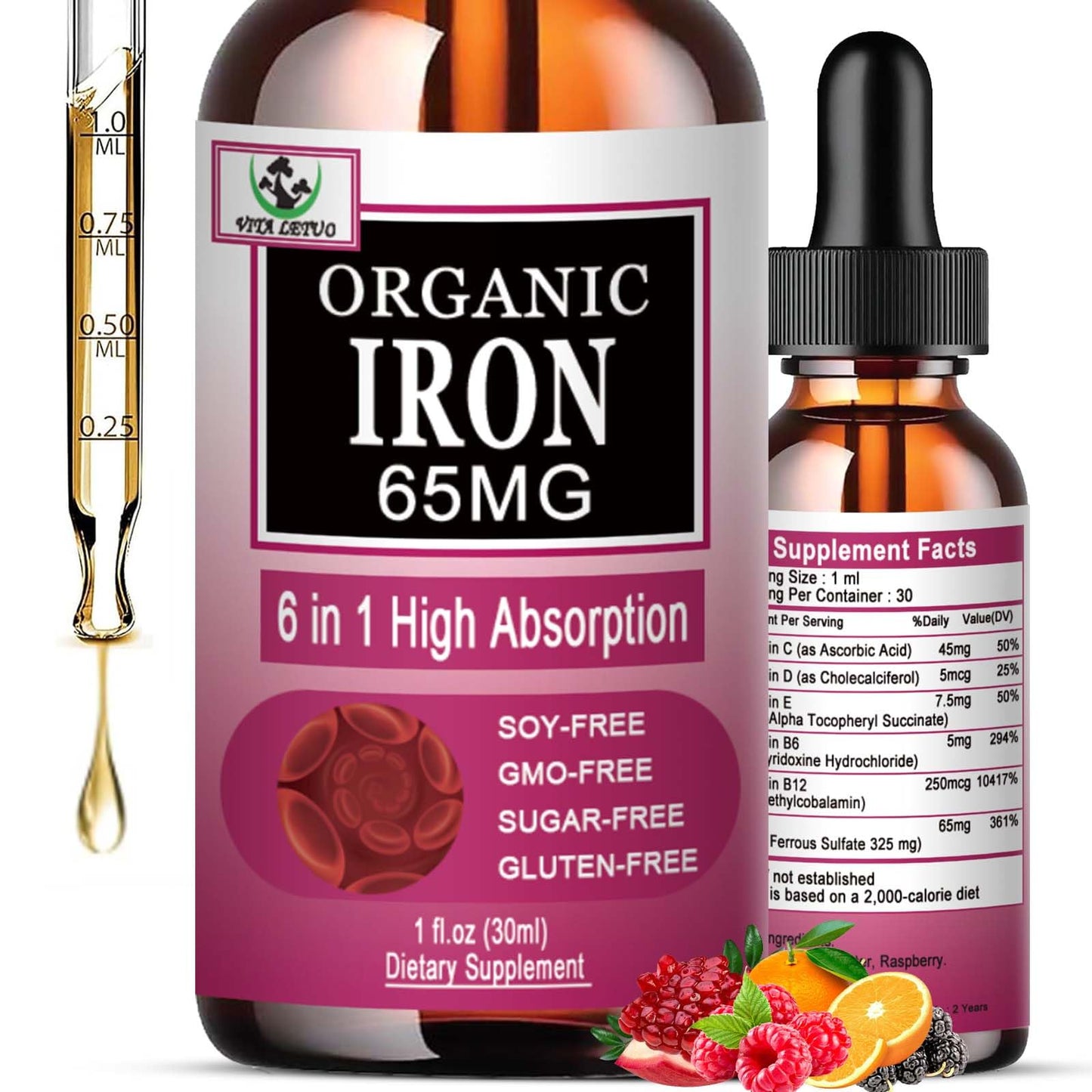 Vita letuo Iron Supplement for Women with Vitamin C,6-in-1 Liquid Supplement w/Vitamin B12,Vitamin B6,High Absorption Liquid Iron Drops for Red Blood Cells - Maple Wellness Supplements