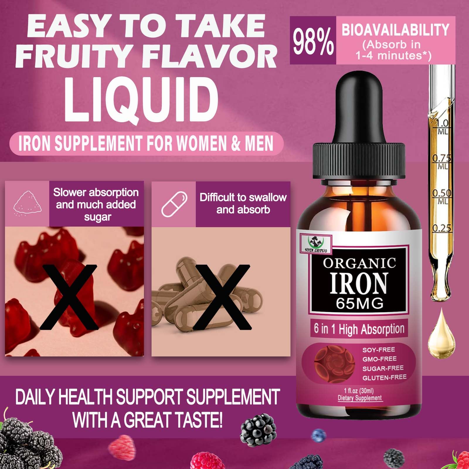 Vita letuo Iron Supplement for Women with Vitamin C,6-in-1 Liquid Supplement w/Vitamin B12,Vitamin B6,High Absorption Liquid Iron Drops for Red Blood Cells - Maple Wellness Supplements