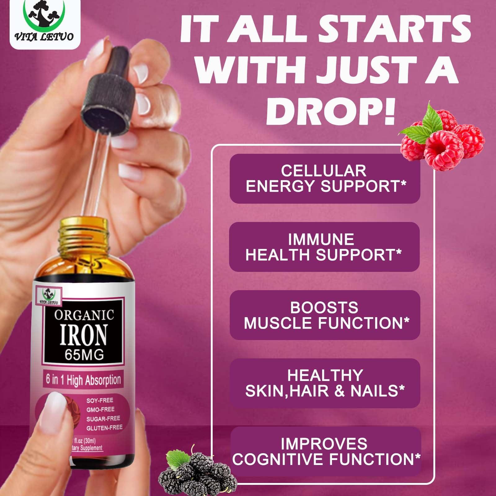 Vita letuo Iron Supplement for Women with Vitamin C,6-in-1 Liquid Supplement w/Vitamin B12,Vitamin B6,High Absorption Liquid Iron Drops for Red Blood Cells - Maple Wellness Supplements