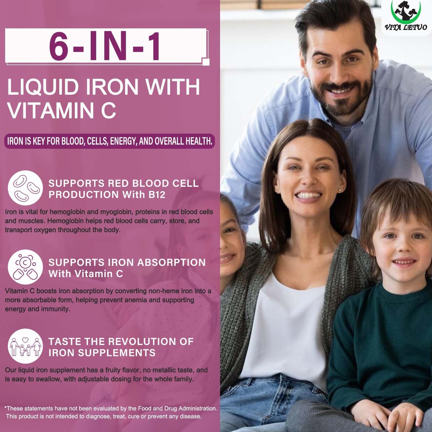 Vita letuo Iron Supplement for Women with Vitamin C,6-in-1 Liquid Supplement w/Vitamin B12,Vitamin B6,High Absorption Liquid Iron Drops for Red Blood Cells - Maple Wellness Supplements