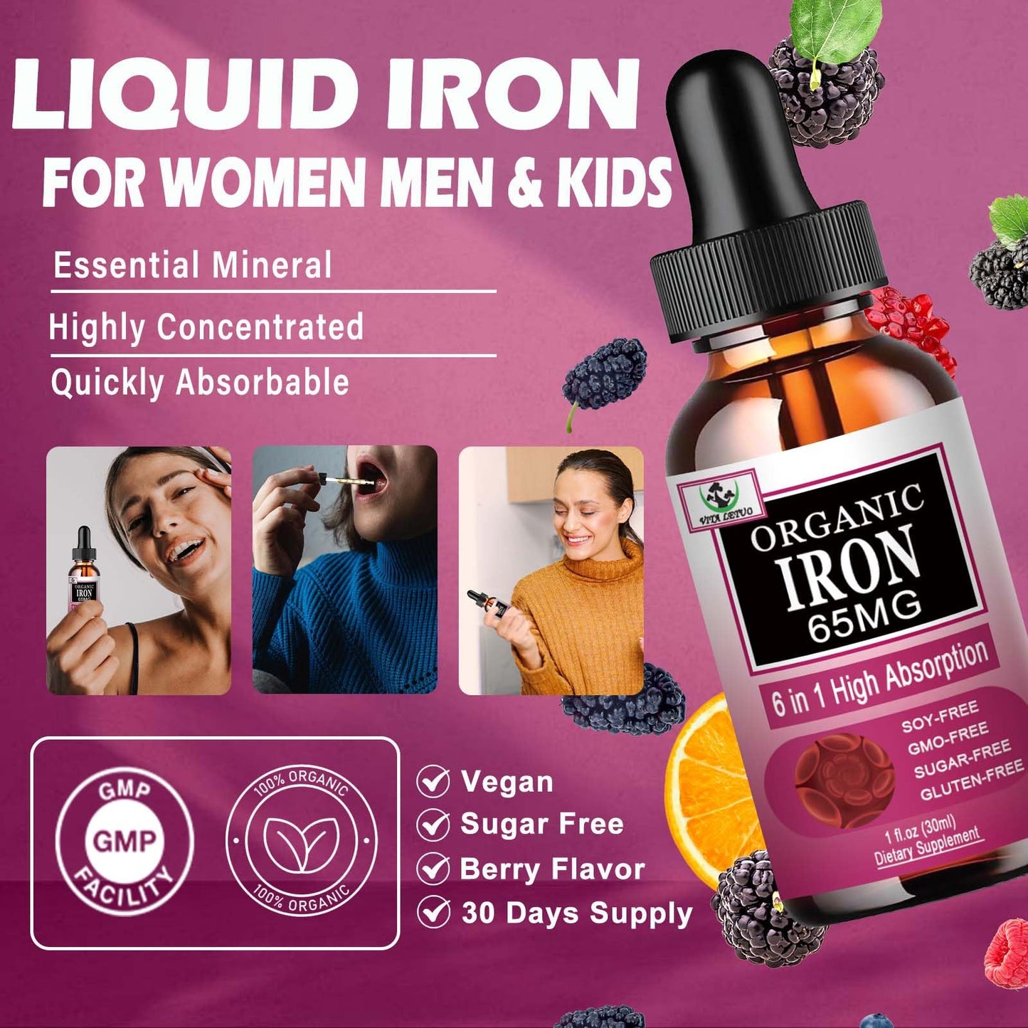 Vita letuo Iron Supplement for Women with Vitamin C,6-in-1 Liquid Supplement w/Vitamin B12,Vitamin B6,High Absorption Liquid Iron Drops for Red Blood Cells - Maple Wellness Supplements