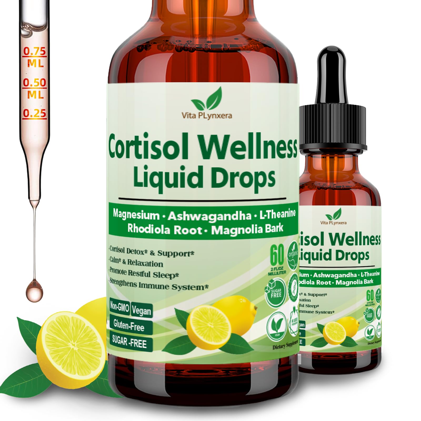 Vita PLynxera Cortisol Supplement Liquid Drops, 17-in-1 Cortisol Detox w. Magnesium Glycinate 400mg Ashwagandha, L-Theanine, Phosphatidylserine, Hormone Balanced - Maple Wellness Supplements