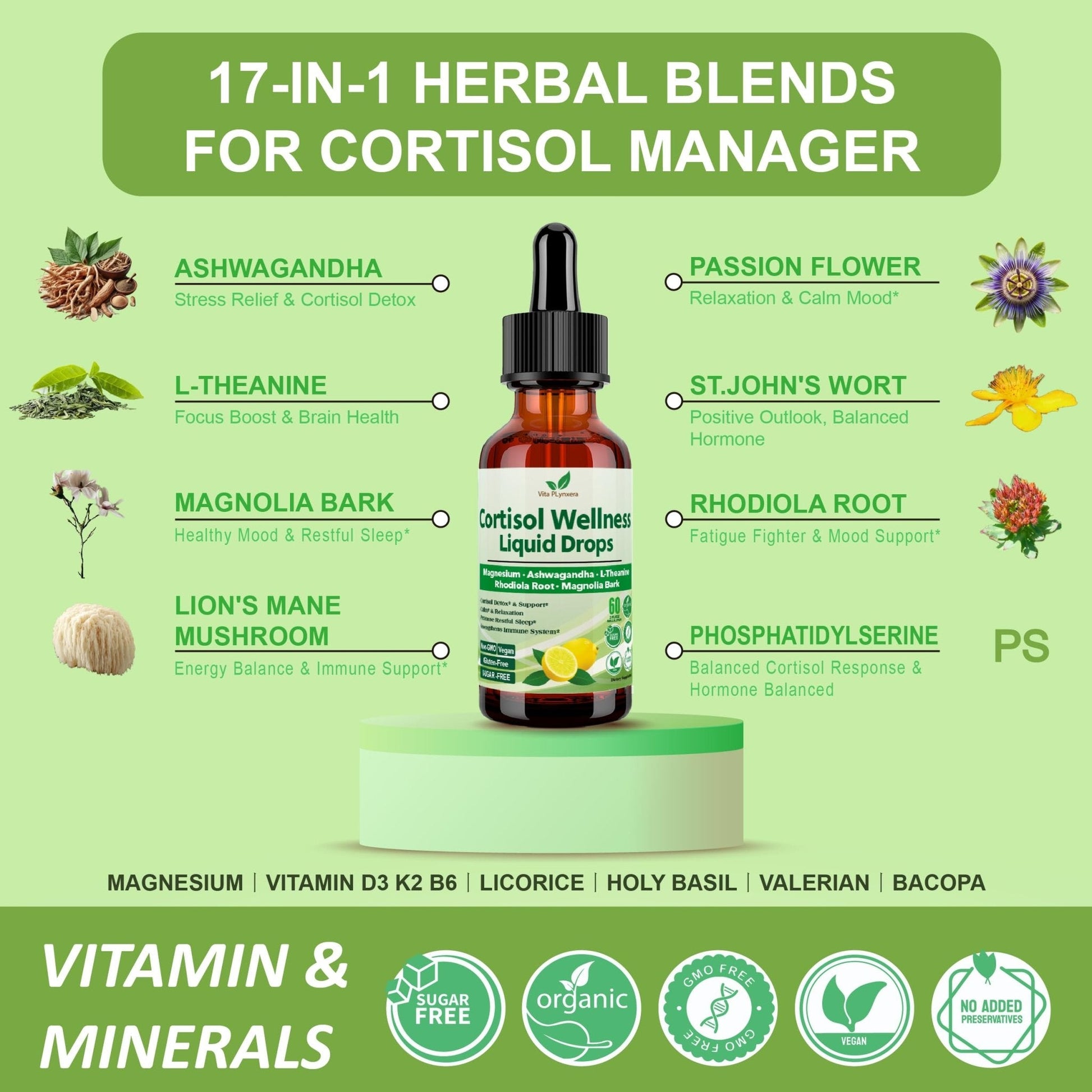 Vita PLynxera Cortisol Supplement Liquid Drops, 17-in-1 Cortisol Detox w. Magnesium Glycinate 400mg Ashwagandha, L-Theanine, Phosphatidylserine, Hormone Balanced - Maple Wellness Supplements