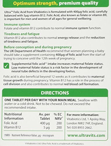 Vitabiotics Ultra Folic Acid Tablets 400 mcg Vitamin B9 with Vitamin B12-60 Tablets - Maple Wellness Supplements