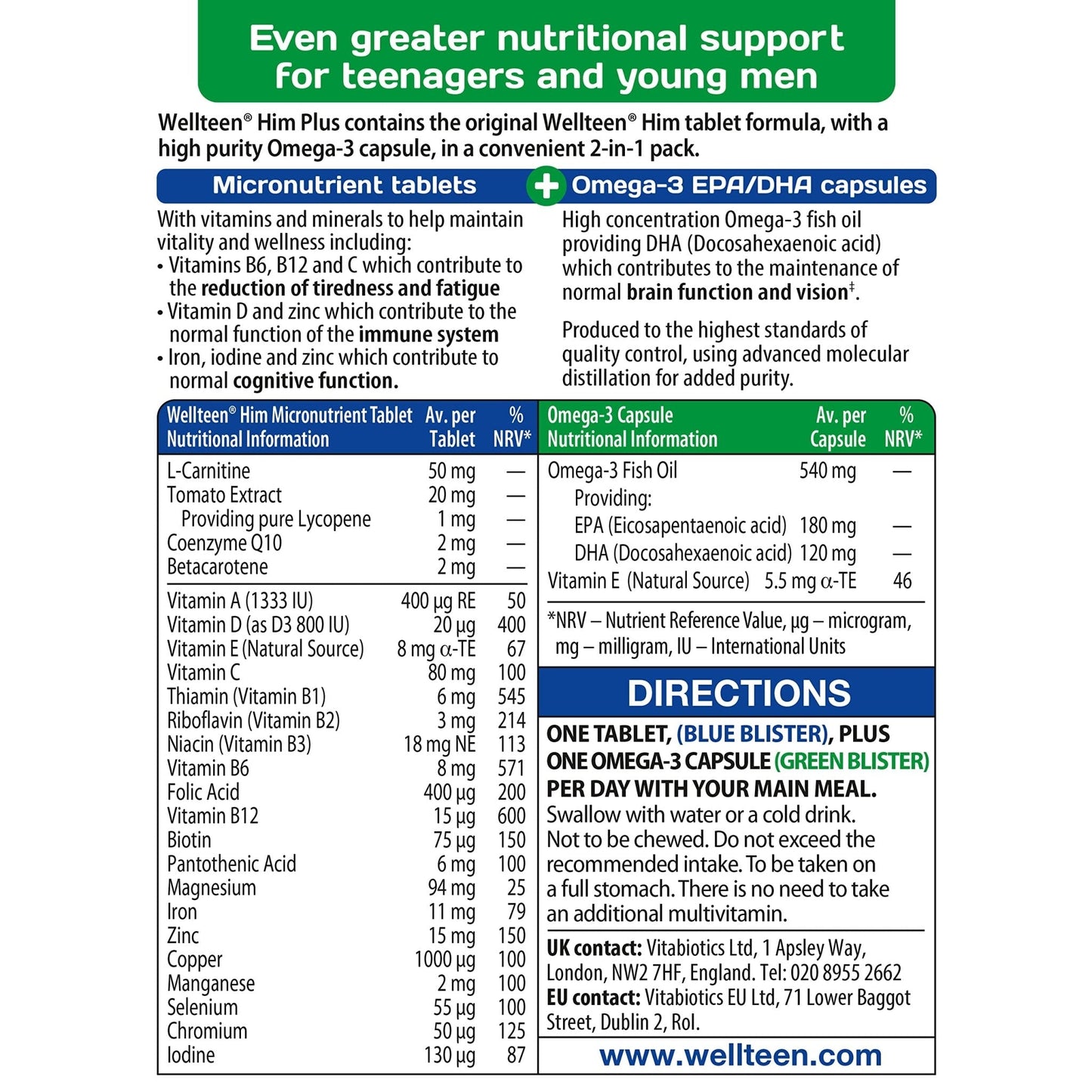 Vitabiotics Wellteen Him Plus Tablets/Capsules, 56 Count (Pack of 1) - Maple Wellness Supplements