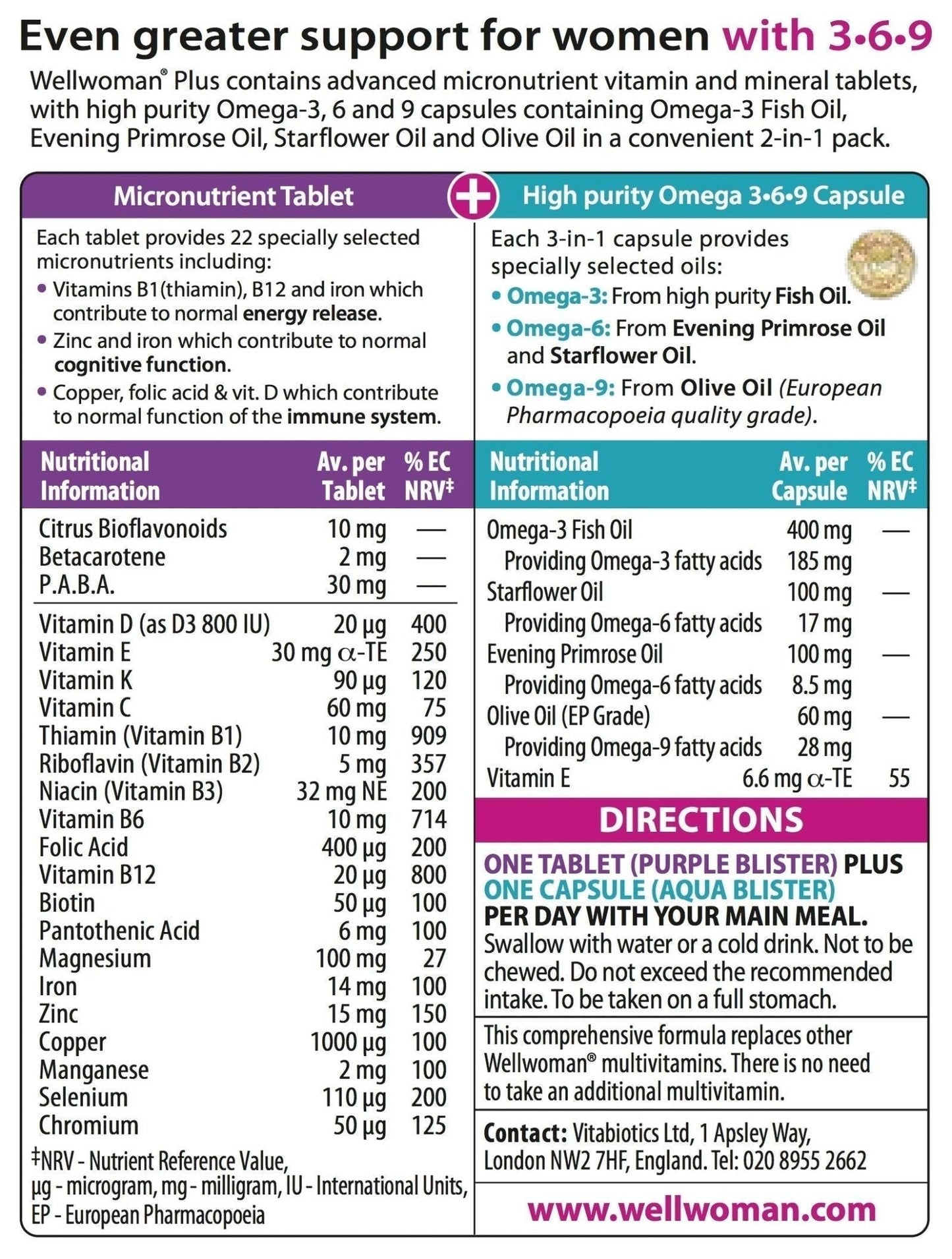 Vitabiotics Wellwoman Plus Omega 3 6 9 - 56 Tablets/Capsules - Maple Wellness Supplements