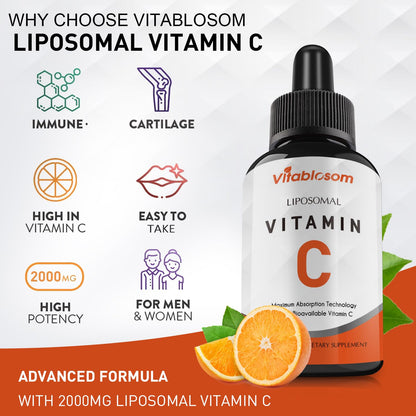 Vitablosom Liposomal Vitamin C 2000mg Liquid for Adults, High Absorption VIT C, Maximize Vitamin C, Immune System & Antioxidant Support, 60ML (2 Bottle) - Maple Wellness Supplements