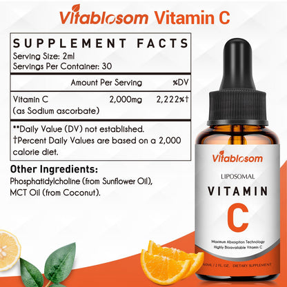 Vitablosom Liposomal Vitamin C 2000mg Liquid for Adults, High Absorption VIT C, Maximize Vitamin C, Immune System & Antioxidant Support, 60ML (2 Bottle) - Maple Wellness Supplements