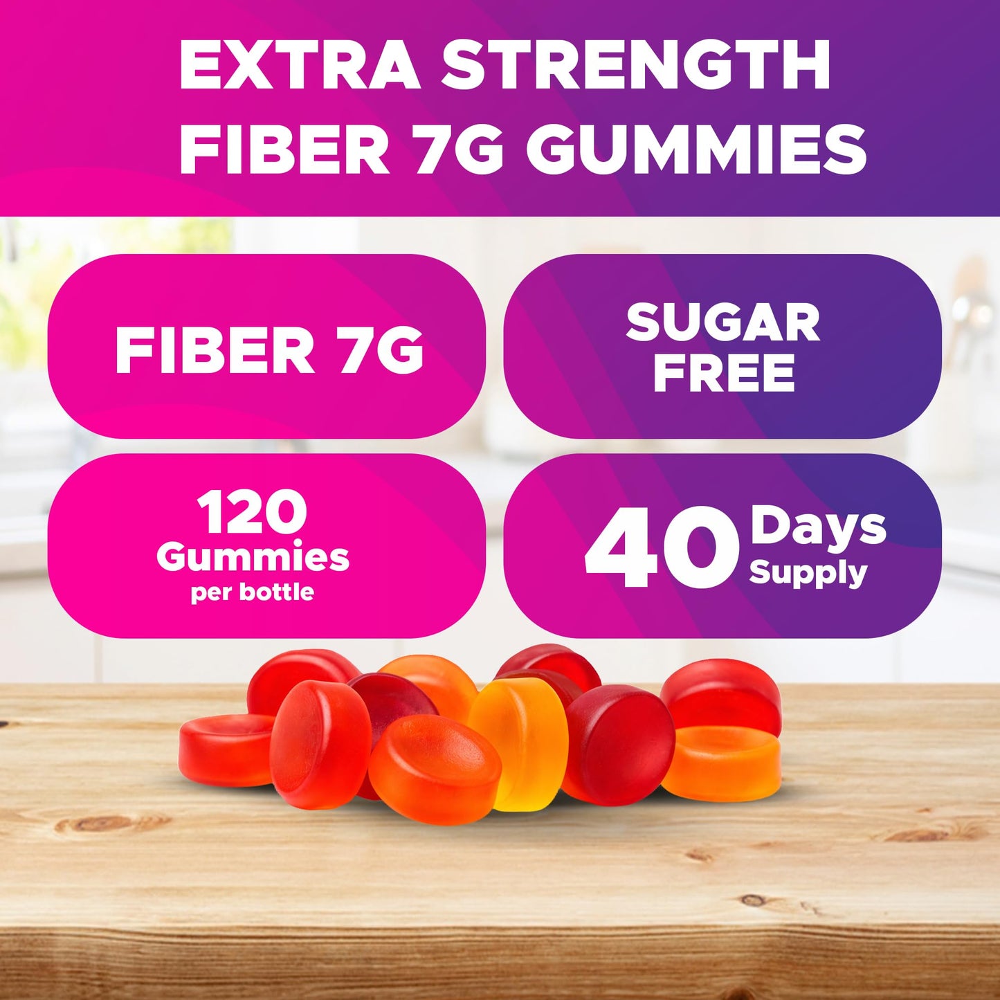 Vitabod Fiber Gummies 7G Per Serving for Digestive Health & Regularity, Prebiotic GOFOS™ Plant-Based Fiber, No Sugar Added, Vegan, Berry Peach Strawberry, 120 Gummies (Adults, Women & Men) - Maple Wellness Supplements