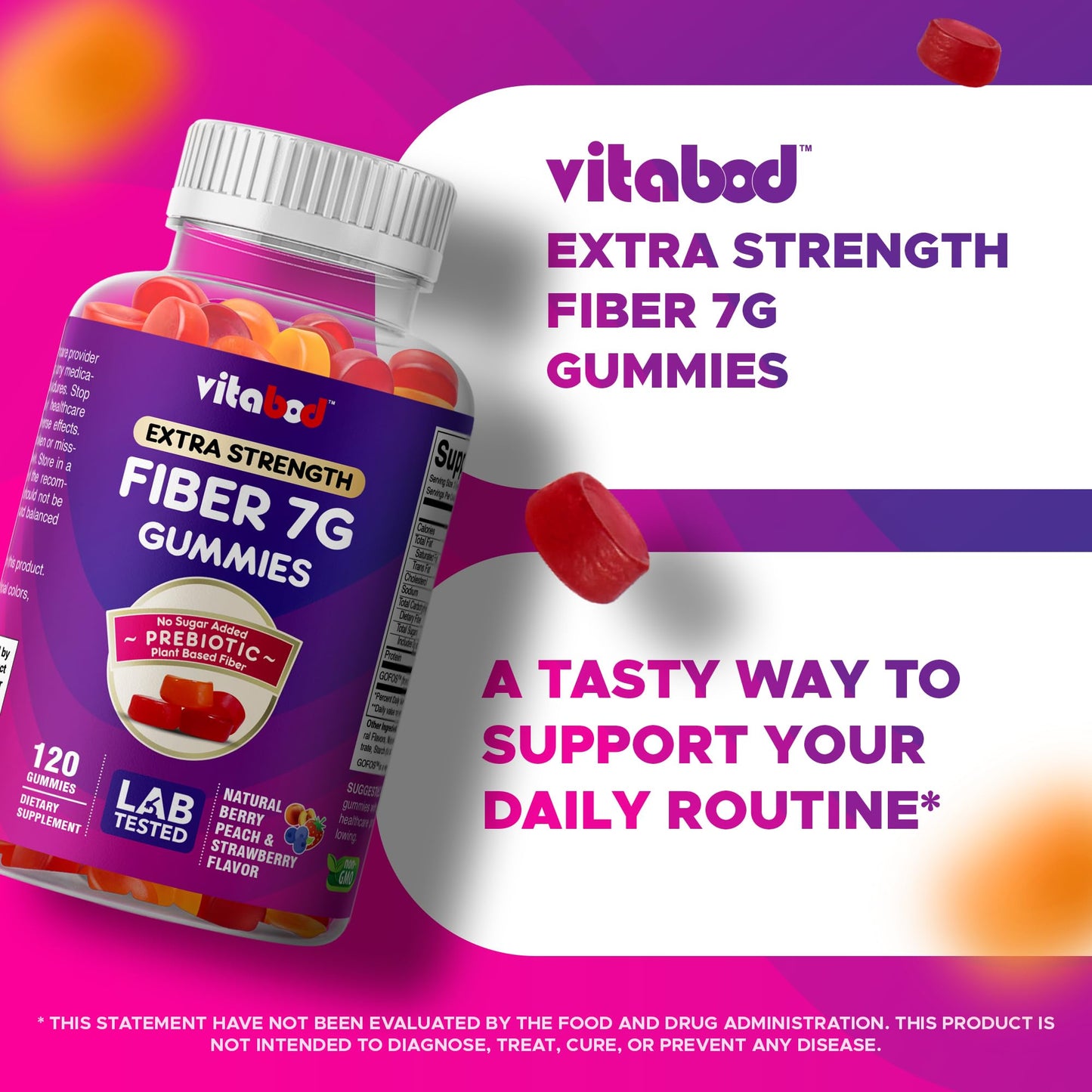 Vitabod Fiber Gummies 7G Per Serving for Digestive Health & Regularity, Prebiotic GOFOS™ Plant-Based Fiber, No Sugar Added, Vegan, Berry Peach Strawberry, 120 Gummies (Adults, Women & Men) - Maple Wellness Supplements
