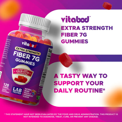 Vitabod Fiber Gummies 7G Per Serving for Digestive Health & Regularity, Prebiotic GOFOS™ Plant-Based Fiber, No Sugar Added, Vegan, Berry Peach Strawberry, 120 Gummies (Adults, Women & Men) - Maple Wellness Supplements