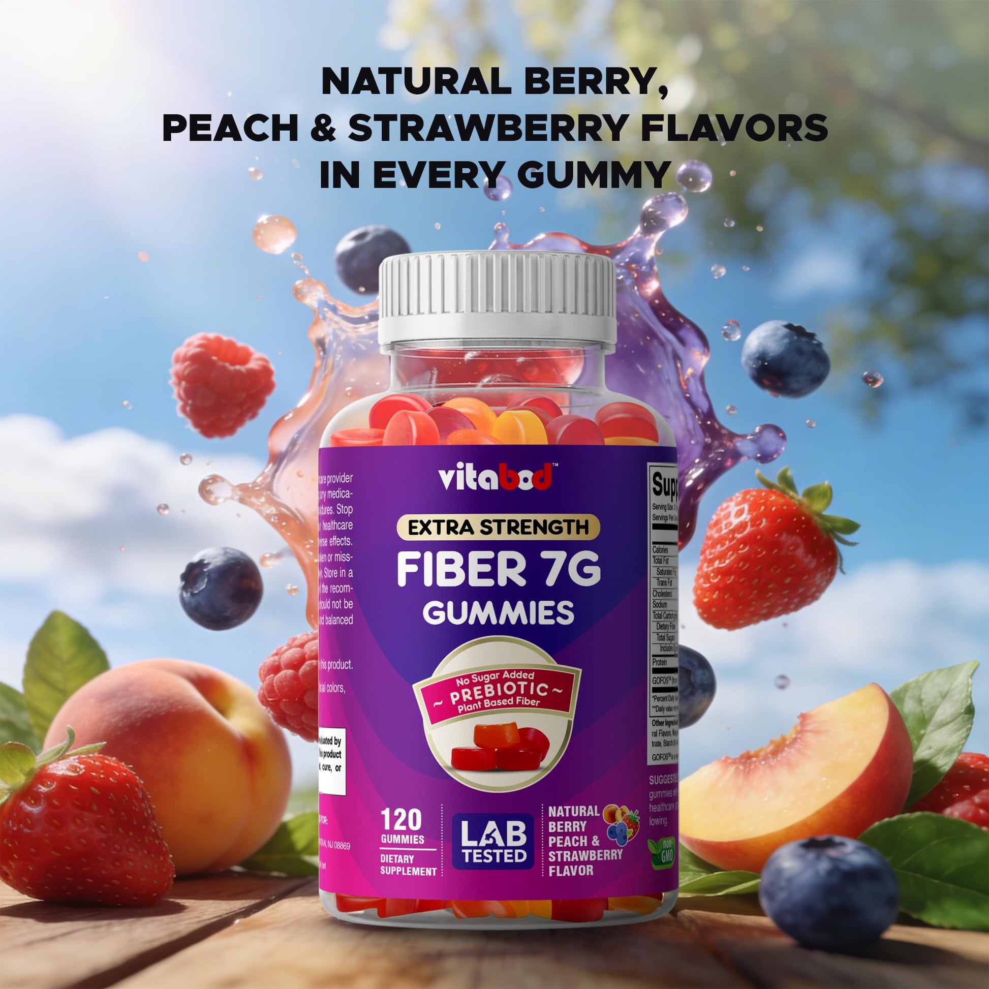 Vitabod Fiber Gummies 7G Per Serving for Digestive Health & Regularity, Prebiotic GOFOS™ Plant-Based Fiber, No Sugar Added, Vegan, Berry Peach Strawberry, 120 Gummies (Adults, Women & Men) - Maple Wellness Supplements