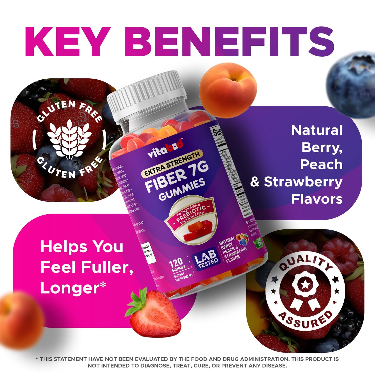 Vitabod Fiber Gummies 7G Per Serving for Digestive Health & Regularity, Prebiotic GOFOS™ Plant-Based Fiber, No Sugar Added, Vegan, Berry Peach Strawberry, 120 Gummies (Adults, Women & Men) - Maple Wellness Supplements