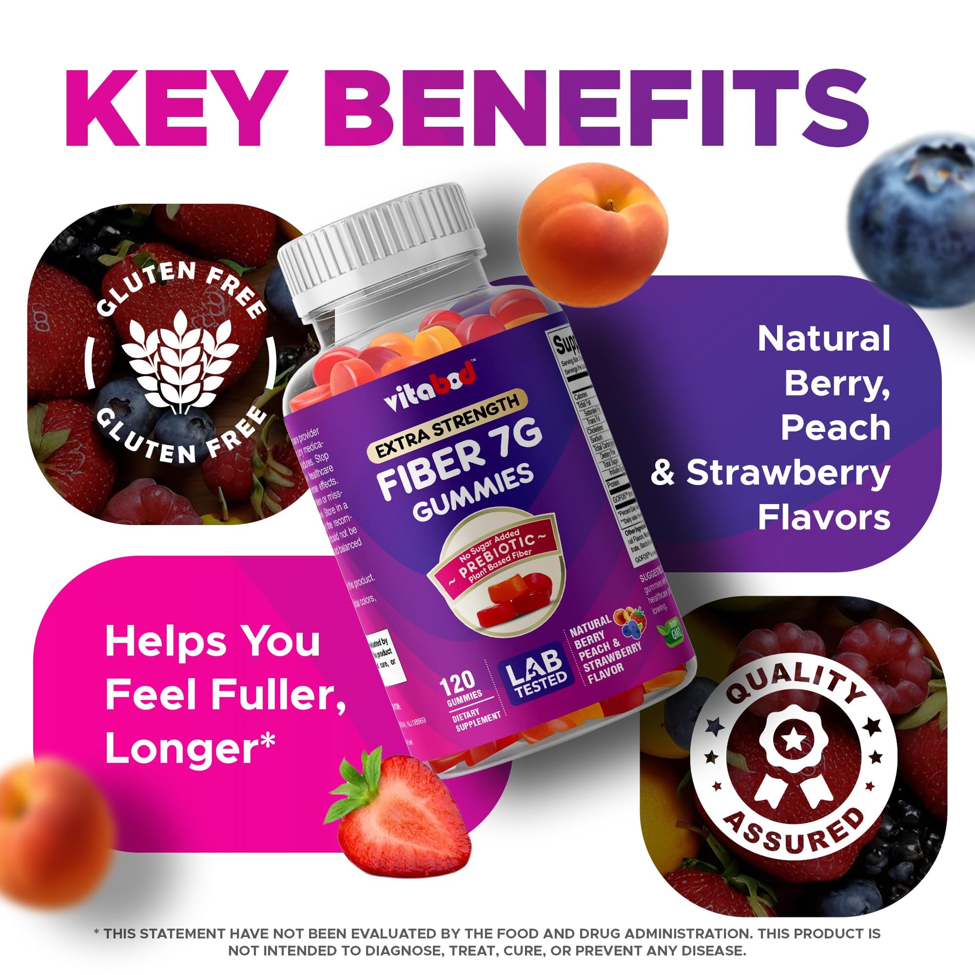 Vitabod Fiber Gummies 7G Per Serving for Digestive Health & Regularity, Prebiotic GOFOS™ Plant-Based Fiber, No Sugar Added, Vegan, Berry Peach Strawberry, 120 Gummies (Adults, Women & Men) - Maple Wellness Supplements