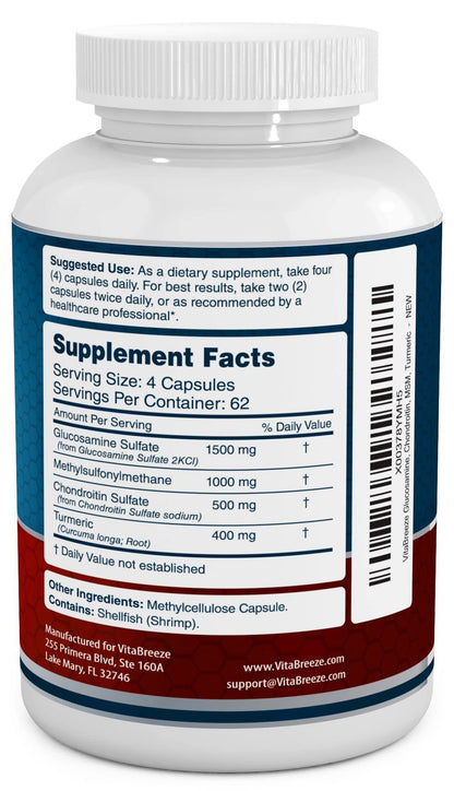 VitaBreeze Glucosamine Chondroitin, MSM & Turmeric Dietary Supplement - 248 Capsules - Maple Wellness Supplements