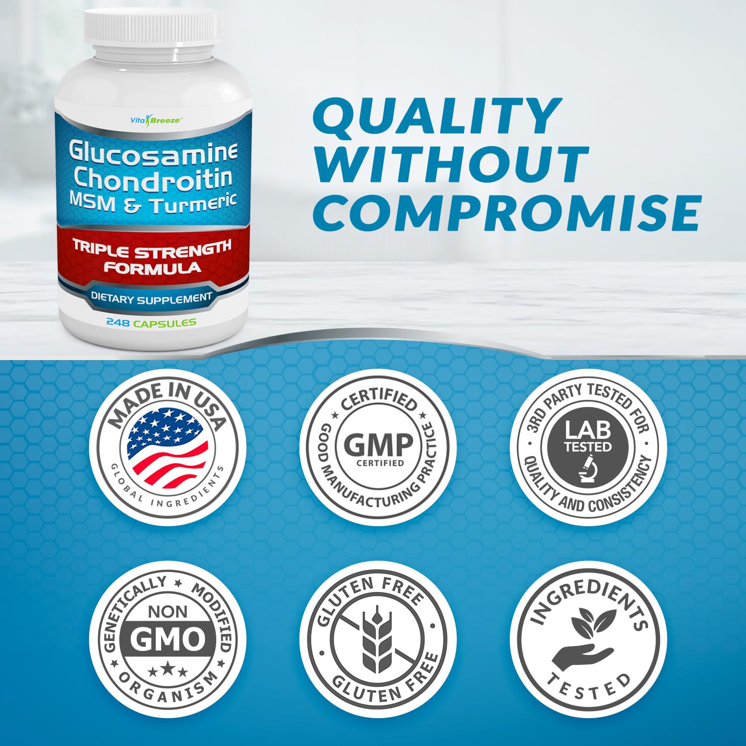 VitaBreeze Glucosamine Chondroitin, MSM & Turmeric Dietary Supplement - 248 Capsules - Maple Wellness Supplements