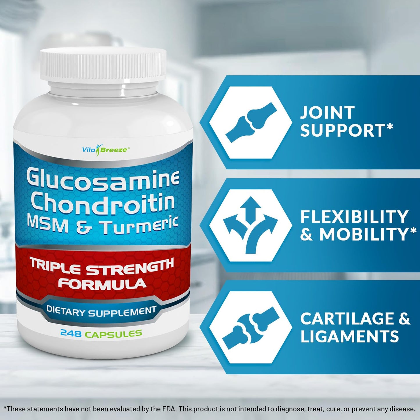VitaBreeze Glucosamine Chondroitin, MSM & Turmeric Dietary Supplement - 248 Capsules - Maple Wellness Supplements