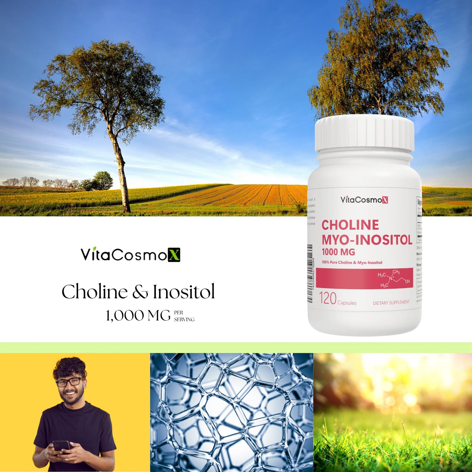 VitaCosmoX Choline and Myo-Inositol Supplement, 1000 mg Each, 120 Veggie Capsules 100% Vegetarian, Non-GMO & Gluten Free - Maple Wellness Supplements