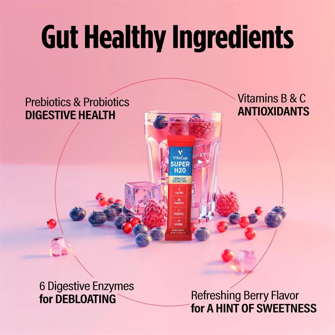 VitaCup Super H2O Bloating Relief and Digestive Health Drink Mix Packets, Probiotics, Prebiotics, C & B Vitamins, Mixed Berry Flavor Water Enhancer Packets, 16Ct - Maple Wellness Supplements