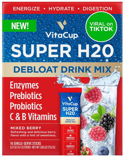 VitaCup Super H2O Bloating Relief and Digestive Health Drink Mix Packets, Probiotics, Prebiotics, C & B Vitamins, Mixed Berry Flavor Water Enhancer Packets, 16Ct - Maple Wellness Supplements
