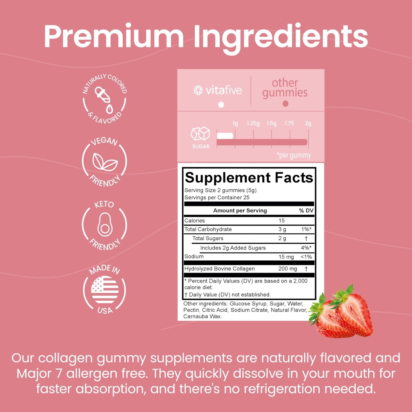 vitafive Collagen Gummies for Men and Women, Bovine Collagen, Collagen Gummy for Hair, Skin, and Connective Tissue Support, Gluten Free (50 Ct) - Maple Wellness Supplements