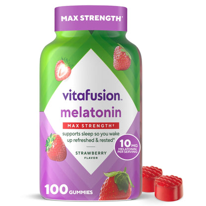 vitafusion Max Strength 10 mg Melatonin Gummies, Strawberry Flavored, Adult Melatonin Gummy Vitamin Supplement, 100 Count, 50 Day Supply - Maple Wellness Supplements