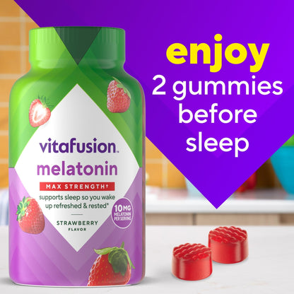 vitafusion Max Strength 10 mg Melatonin Gummies, Strawberry Flavored, Adult Melatonin Gummy Vitamin Supplement, 100 Count, 50 Day Supply - Maple Wellness Supplements