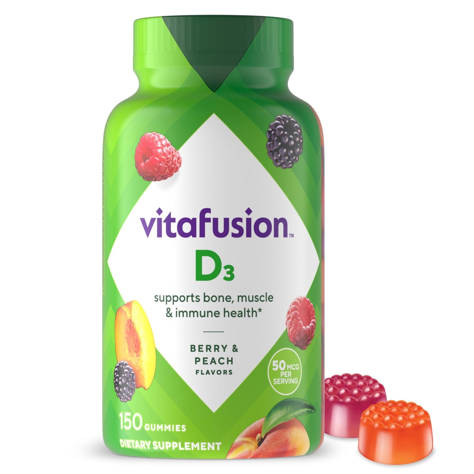 vitafusion Vitamin D3 Gummies, Bone and Immune Support, Peach, Blackberry, Strawberry Flavored - Maple Wellness Supplements