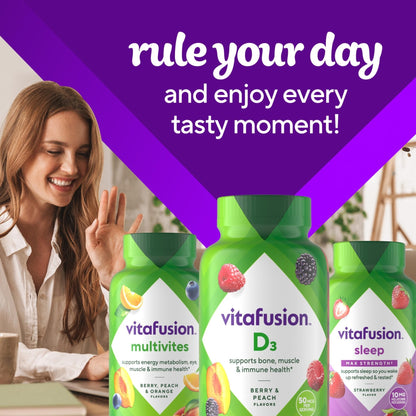 vitafusion Vitamin D3 Gummies, Bone and Immune Support, Peach, Blackberry, Strawberry Flavored - Maple Wellness Supplements