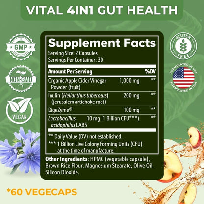Vital Gut Health 4in1 Formula with Apple Cider Vinegar, Prebiotics & Probiotics, Digestive Enzymes for Strong Immunity Support - Maple Wellness Supplements