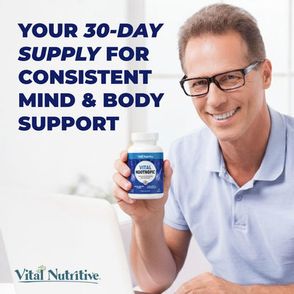 Vital Nootropic 12-in-1 Brain Supplement for Memory, Focus & Energy Support – L-Tyrosine, Bacopa, Rhodiola, Caffeine, B Vitamins – Cognitive Balance Capsules for Men & Women-30 Days Supply - Maple Wellness Supplements