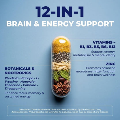 Vital Nootropic 12-in-1 Brain Supplement for Memory, Focus & Energy Support – L-Tyrosine, Bacopa, Rhodiola, Caffeine, B Vitamins – Cognitive Balance Capsules for Men & Women-30 Days Supply - Maple Wellness Supplements