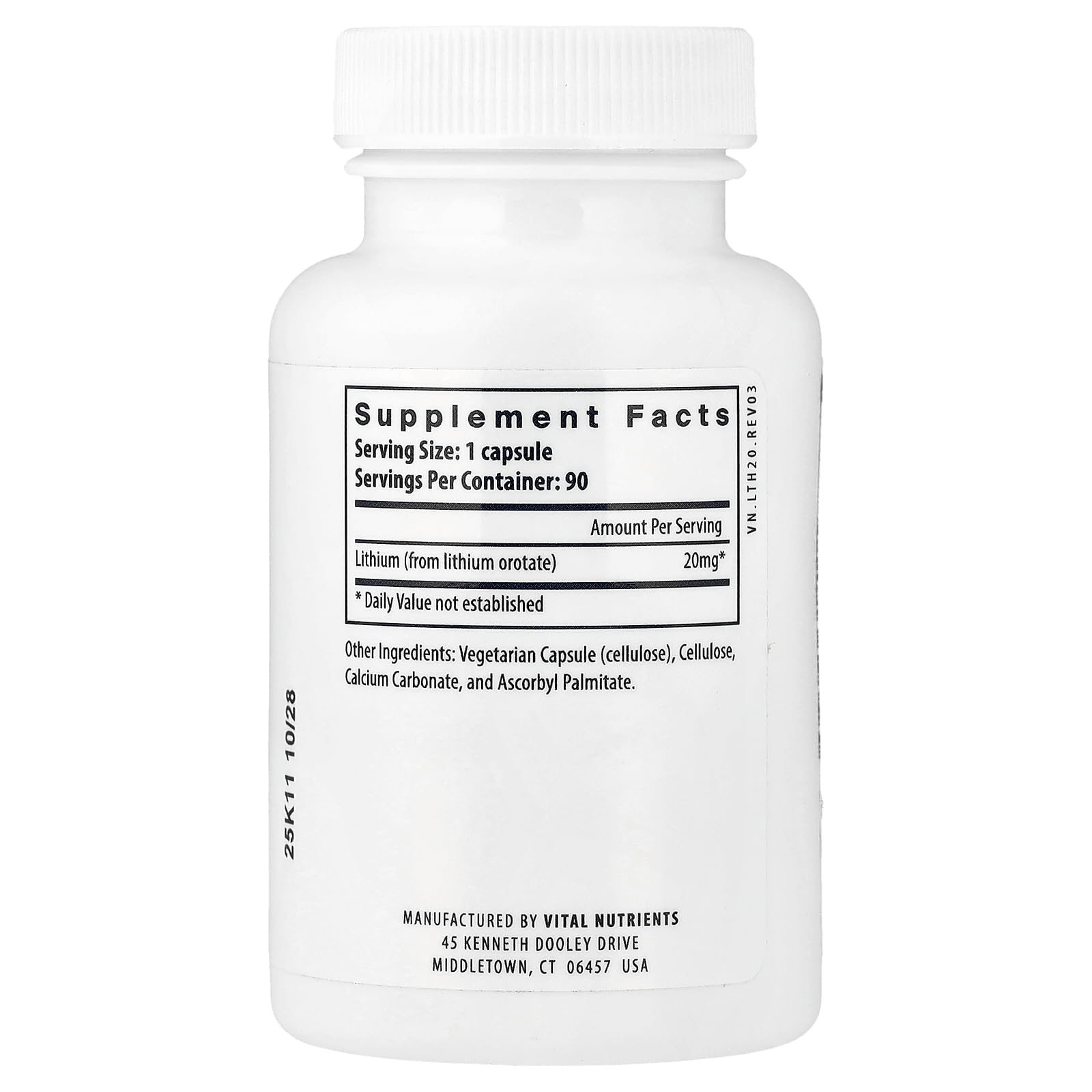 Vital Nutrients Lithium Orotate - Vegan Lithium Supplements for Memory, State of Mind, and Behavioral Health* - 20mg - Gluten, Dairy, Soy Free - 90 Capsules - Maple Wellness Supplements