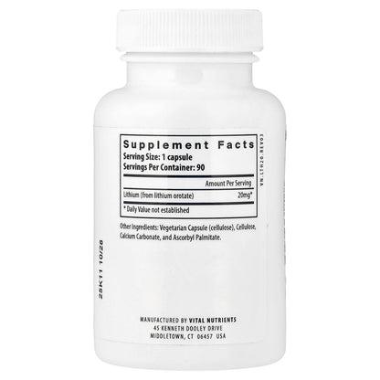 Vital Nutrients Lithium Orotate - Vegan Lithium Supplements for Memory, State of Mind, and Behavioral Health* - 20mg - Gluten, Dairy, Soy Free - 90 Capsules - Maple Wellness Supplements