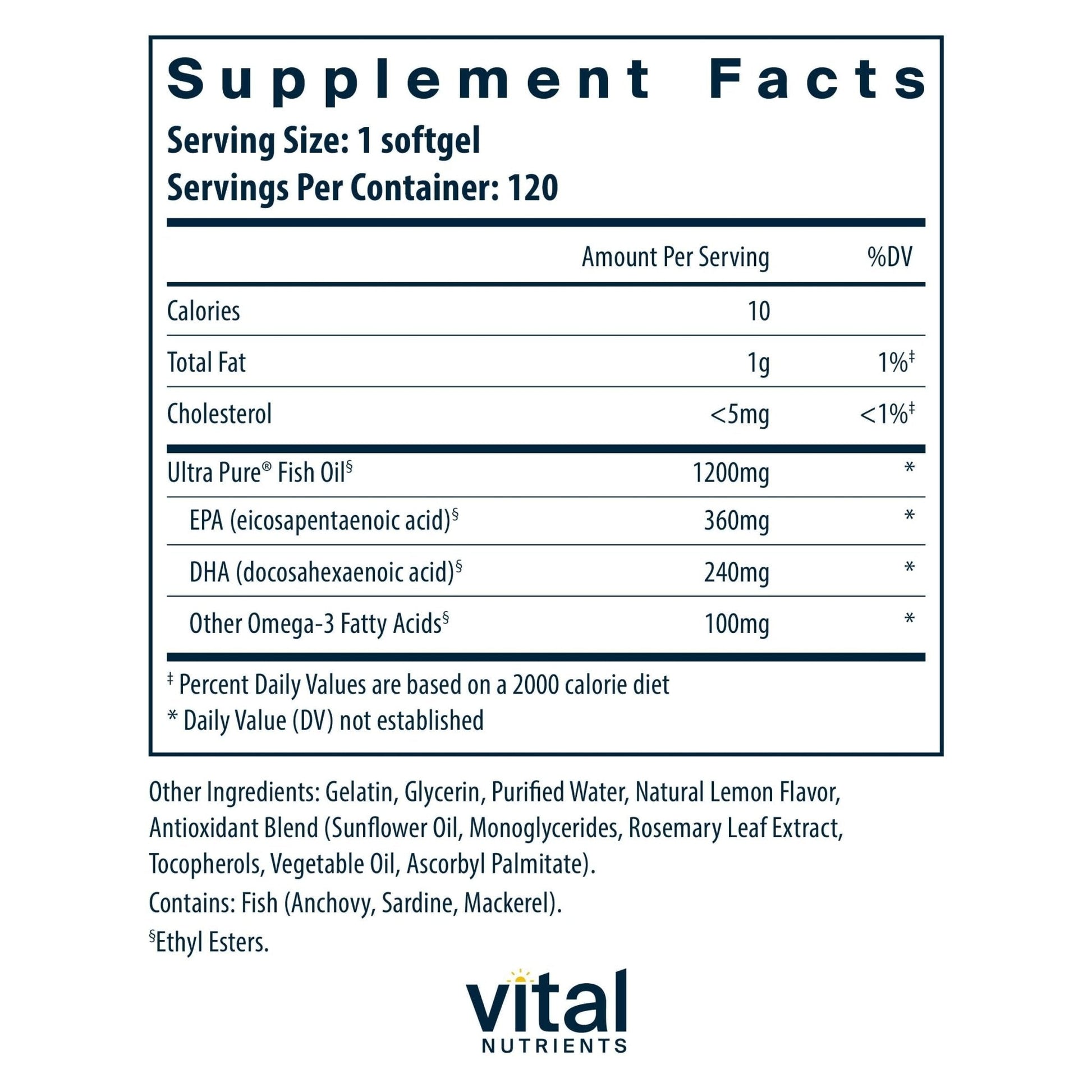 Vital Nutrients Ultra Pure Fish Oil 700 - Supports Heart, Brain, and Joint Health* - Sustainably Sourced High EPA & DHA Omega-3 Fatty Acid - Lemon Flavor - Gluten, Dairy & Soy Free - 120 Softgels - Maple Wellness Supplements