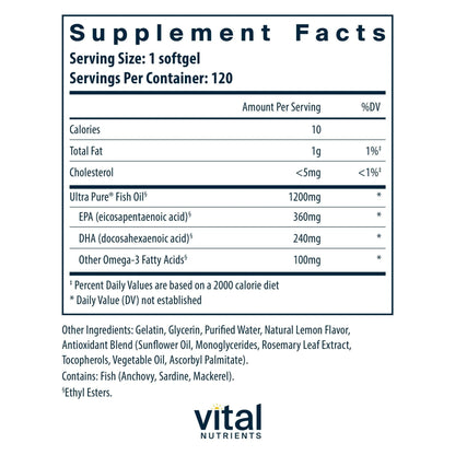 Vital Nutrients Ultra Pure Fish Oil 700 - Supports Heart, Brain, and Joint Health* - Sustainably Sourced High EPA & DHA Omega-3 Fatty Acid - Lemon Flavor - Gluten, Dairy & Soy Free - 120 Softgels - Maple Wellness Supplements