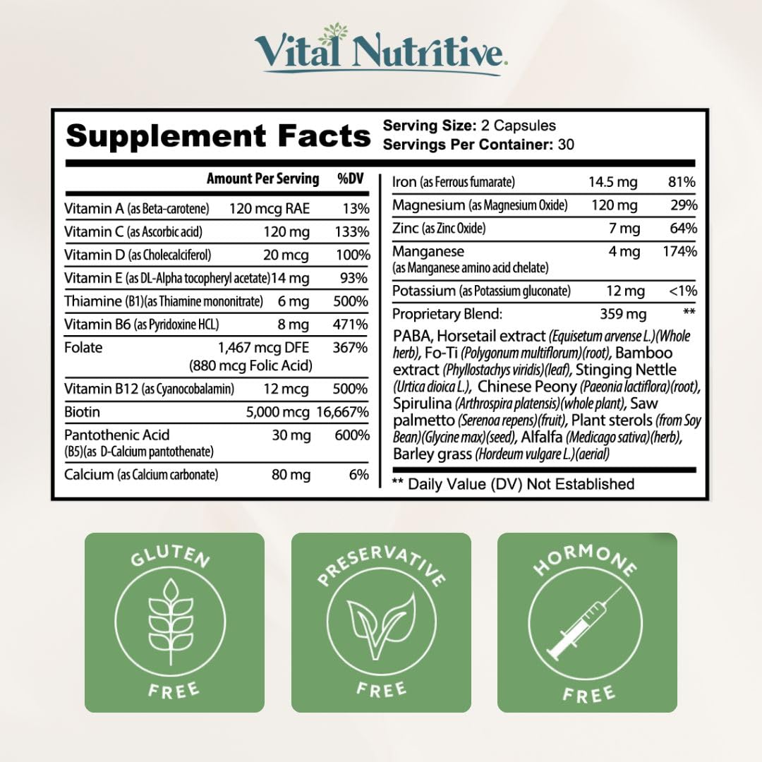 VITAL NUTRITIVE Vital Hair Complex – Biotin & Vitamin B Hair Vitamins for Women & Men – Supports Healthy Hair, Skin & Nails – Hormone-Free, Gluten-Free - Maple Wellness Supplements