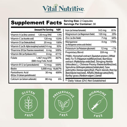 VITAL NUTRITIVE Vital Hair Complex – Biotin & Vitamin B Hair Vitamins for Women & Men – Supports Healthy Hair, Skin & Nails – Hormone-Free, Gluten-Free - Maple Wellness Supplements