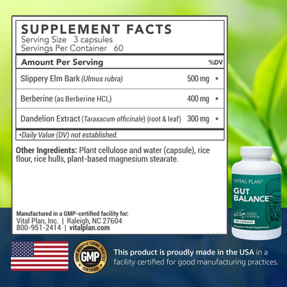 Vital Plan Gut Balance Supplement by Dr. Bill Rawls - Advanced Digestive Health Support Formula w/Clinical-Grade Slippery Elm Bark, Berberine & Dandelion Extract for Women & Men (180 Capsules) - Maple Wellness Supplements