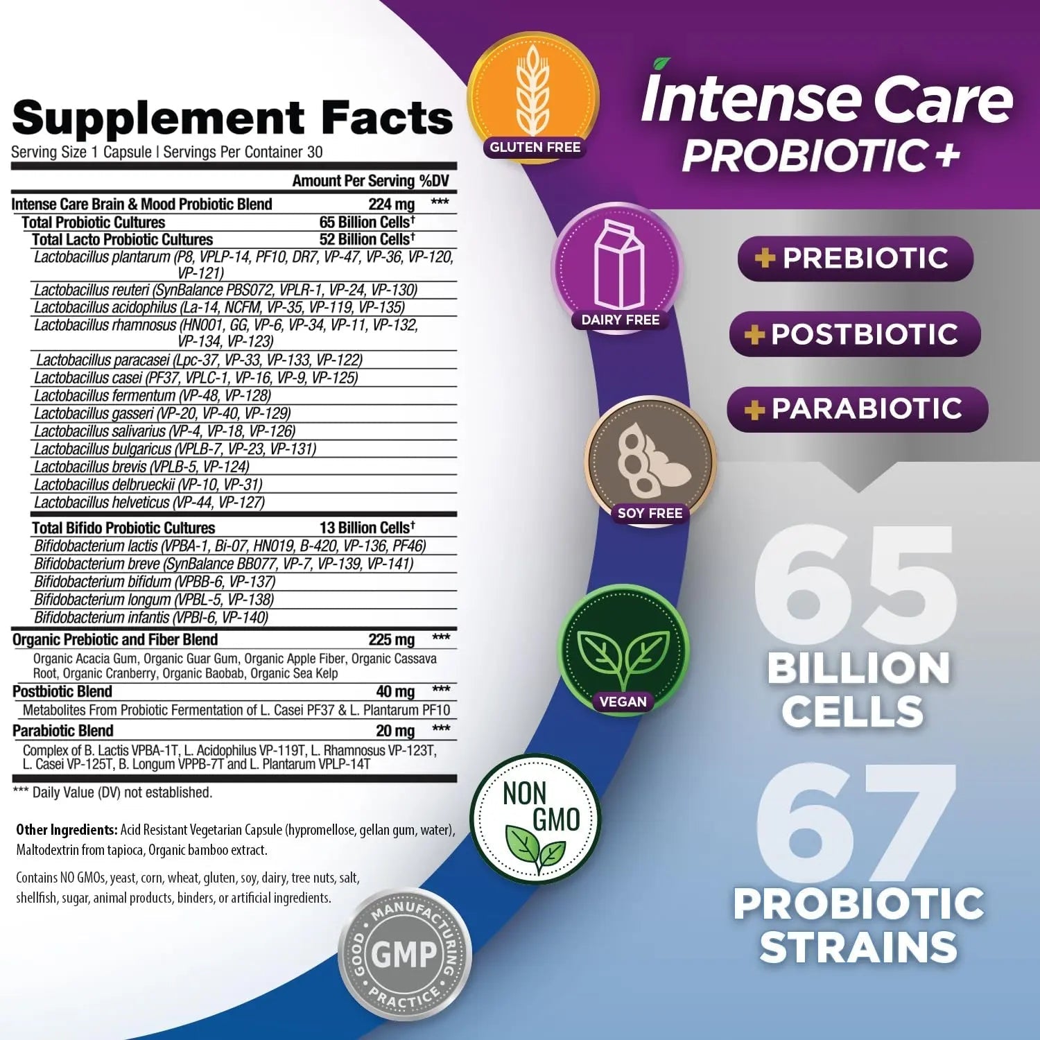 Vital Planet - Intense Care Brain & Mood Probiotics, Organic Prebiotics, Postbiotics, Parabiotics, Complete 4-in-1 Health Supplement for Adults, 65 Billion CFU, 67 Strains, Digestive and Immune 30 ct - Maple Wellness Supplements